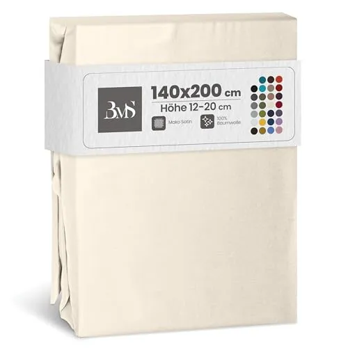 Bettwaesche-mit-Stil Mako Satin Spannbettlaken Spannlaken Spannbetttuch (140 cm x 200 cm, Matratzenhöhe 12-20 cm, Natur)