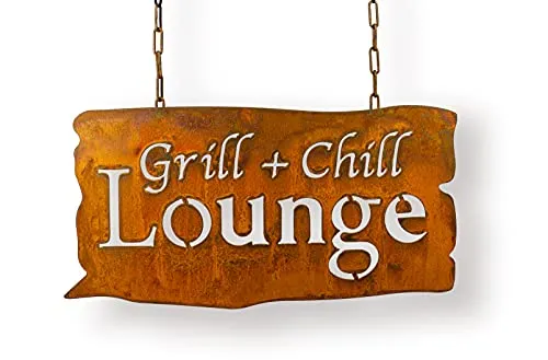 Blümelhuber Wetterfestes Edelrost Schild Grill+Chill Lounge - Gartenschilder für Gartenliebhaber, wetterfest und einzigartig durch natürliche Korrosion – ideal für eine gemütliche Grillatmosphäre!
