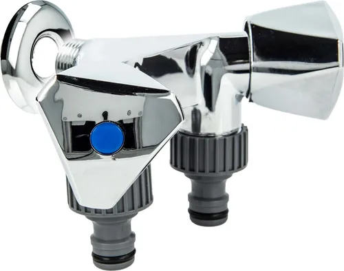 tecuro Doppel-Geräteventil mit 2 Abgängen - Bad- & Duscharmaturen: Hochglanzverchromtes Ventil mit 2 absperrbaren Abgängen, ideal für Wasch- und Spülmaschinenanschlüsse, inklusive praktischer Kunststoff-Schlauchtüllen.