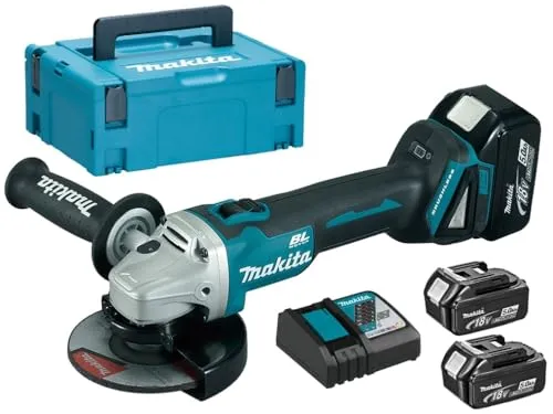 Makita 18 V Winkelschleifer 125 mm - Leistungsstarker Winkelschleifer mit 5,0 Ah Akku (3 Stück) und Schnellladegerät, ideal für professionelle Anwendungen und hohe Flexibilität.