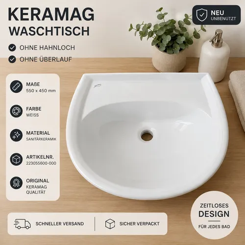 Geberit / Keramag Renova Waschbecken ohne Hahnloch Überlauf 550 mm x 450 mm Weiß