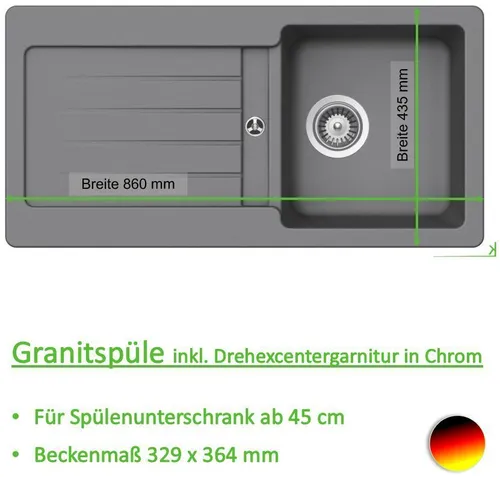 Granitspüle Victory S-VEL860 - Strapazierfähig und Pflegeleicht - Sanitäranlagen & Zubehör - Hochwertige Steinspüle Made in Germany, extrem hart und kratzfest, mit fleckenabweisender, glatter Oberfläche und praktischer Ablage.
