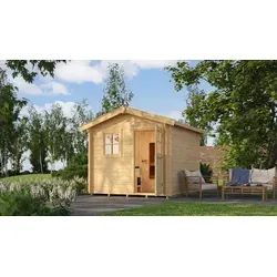 Weka Saunahaus Mikkeli Sparset mit Kompakt 9 kW Saunaofen - Hochwertiges Saunahaus aus 28 mm Blockbohlen mit integrierter Steuerung. Ideal für entspannende Auszeiten mit großzügigen Sitzflächen und praktischer Kabelführung.