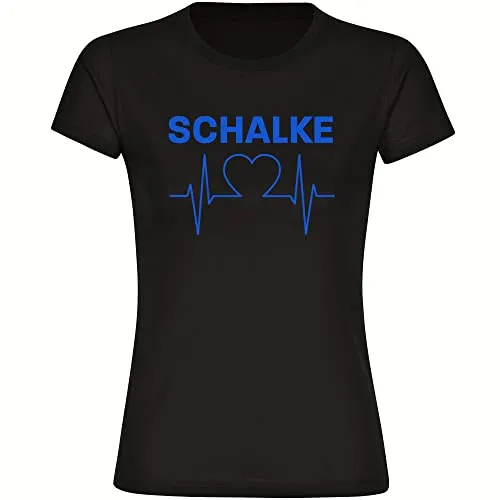 multifanshop Damen T-Shirt - Schalke - Herzschlag - Druck blau - Frauen Größe M schwarz