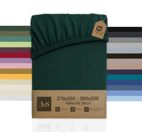 Bettwaesche-mit-Stil Familienbett Spannbettlaken Jersey Spannlaken Spannbetttuch (270x200-280x200 cm, Matratzenhöhe bis 35cm, Tannengrün) Gewicht: 180g/m², 90% Baumwolle 10% Elasthan