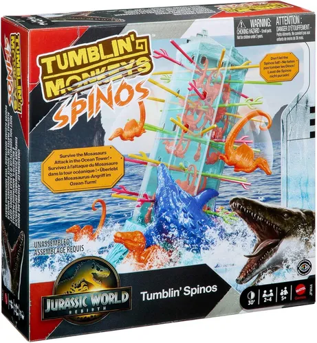 Mattel Games S.O.S. Affenalarm Jurassic World - Stapelspiel für 2-4 Spieler ab 5 Jahren mit Spinosaurus-Figuren und Ozean-Turm, ideal für Jurassic World-Fans und fördert Farbverständnis bei farbenblinden Spielern.