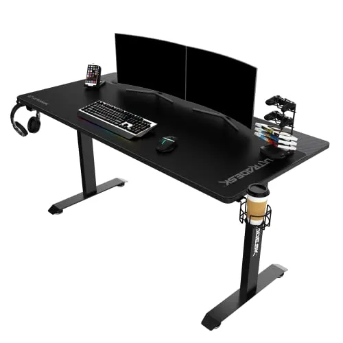 ULTRADESK MOMENTUM Gaming-Schreibtisch - Schwarz - Gaming-Schreibtisch 152,5x70 cm, inklusive XXL-Mauspad, Kopfhörerhalter und Getränkehalter für ein optimales Gaming-Erlebnis.