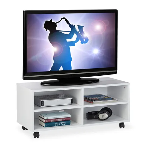 Moderne TV Board mit Rollen - Fernsehtisch in Weiß - TV-Halterungen: Flexibles Lowboard mit 4 Fächern für optimalen Stauraum und einfache Mobilität dank Rollen.