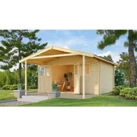 Weka Gartenhaus 136 A, Natur - Gartenhäuser: Elegantes und funktionales Gartenhaus aus massiven Blockbohlen mit charmantem Vordach und praktischer Doppeltür für vielseitige Nutzung.