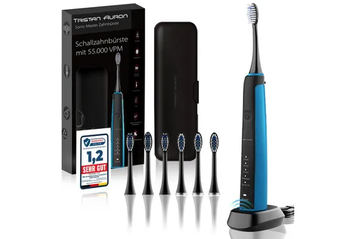 Tristan Auron Schallzahnbürste Elektrische Zahnbürste-55 000 VPM-5 Modi-2 Minuten Timer-Reiseetui, Aufsteckbürsten: 6 St., 2 Min. Timer, 60 Tage Akku, Ladestation, 5 Modi, ergonomisch angepasst