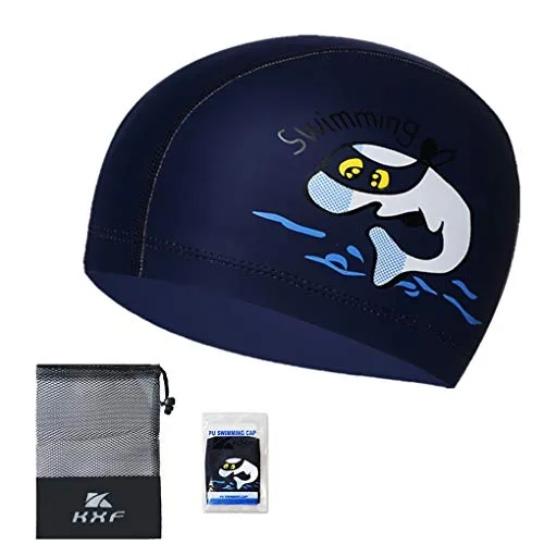 KXF Wasserdichte PU-Badekappe Mit Gehörschutz - Elastisch, Beschichtet, Cartoon-Muster für Kinder, Jungen, Mädchen, 6-10 Jahre