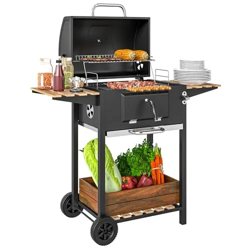 Outsunny Holzkohlegrill mit Thermometer und Rädern - Standgrill aus Edelstahl, fahrbar mit 2 Kunststoffrollen und verstellbarer Kohlewanne für optimalen Grillkomfort im Garten oder beim Camping.