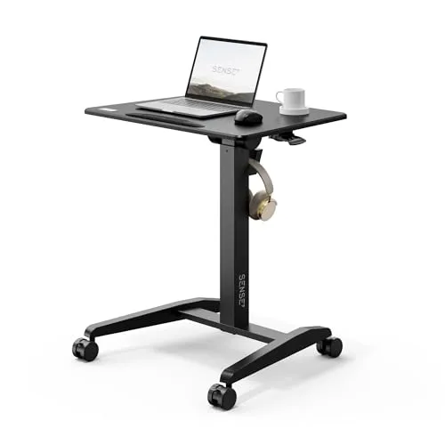SENSE7 Stehpult Mobile Desk mit 4 Rollen, 70x52 cm, Steh-Sitz-Schreibtisch, höhenverstellbarer Klappschreibtisch, neigbare Schreibtischplatte, beweglicher Stehtisch, Laptopständer mit Haken, Black