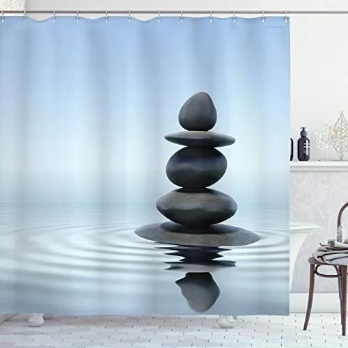 ABAKUHAUS Rock Duschvorhang, Steine im Wasser Ruhe Thema, Stoffliches Gewebe Badezimmerdekorationsset mit Haken, 175 x 200 cm, Hellblau Grau