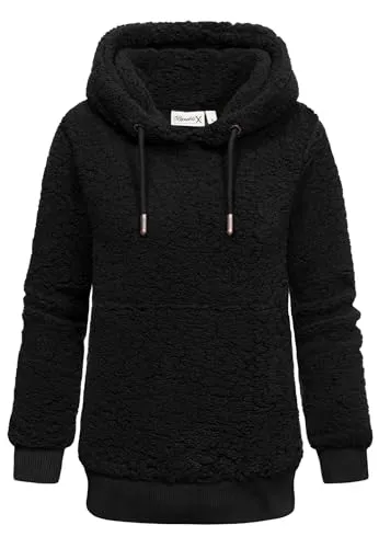 REPUBLIX Damen Teddy Kapuzenpullover Sweatjacke Plüsch Hoodie Pullover Jacke RD-011 Schwarz XS