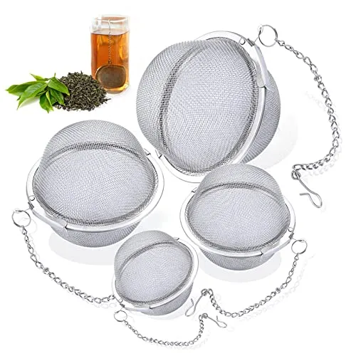 Teeei für Losen Tee, Tee Ei 4 Stück Edelstahl Tee Sieb Teesieb Groß mit Kette Fein Maschiges Gewürzsieb Teefilter Gewürzei Teeei in Verschiedenen GrößEn Gewurzkugel zum Kochen(ø 4.5/5.5/7/9 cm)