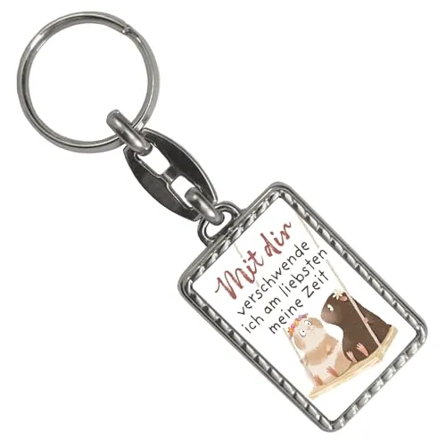 Meerschweinchen Schlüsselanhänger mit Bordüre mit Spruch Zeit mit dir verschwenden Geschenk für Freunde Freundin Blumenkranz Design Lebensfreude