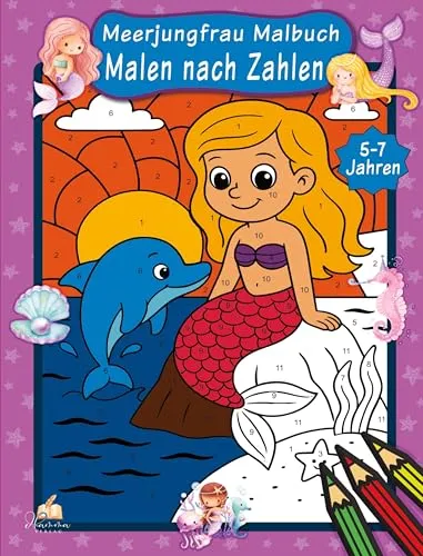 Produktbild Malen nach Zahlen Meerjungfrau Malbuch für Kinder ab 5–7 Jahren: Mit 50 Ausmalbildern und praktischer Farbschablone zum einfachen Lernen von Farben und Zahlen für Vorschulkinder und Erstklässler.