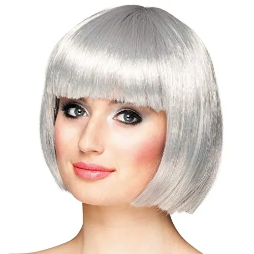 Amakando Schöne Kurzhaar-Perücke Damen Pagenschnitt/Silber/Bob-Perücke Kabarett Showgirl/EIN Blickfang zu Fasching & Karneval