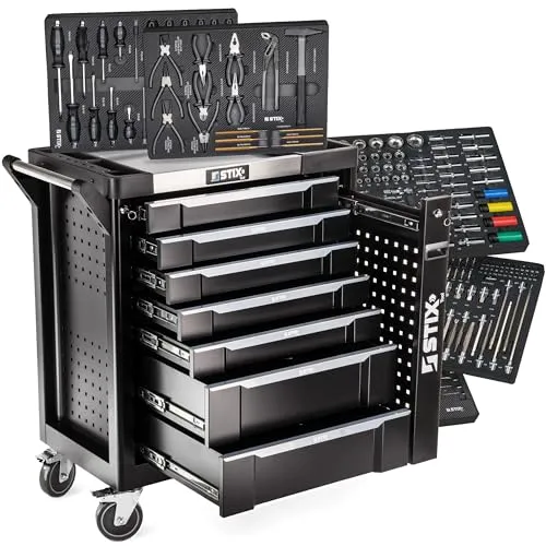 Stix UltimatePro B7/TS1 Werkstattwagen mit 267 Cr-V Werkzeugen, 7 Schubladen, Cargo-Schublade, Edelstahlplatte, abschließbar