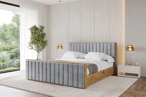 ALTDECOR Polsterbett mit Bettkasten und Lattenrost, Bett mit Matratze H3/H4, Kopfteil, Boxbett, Doppelbett mit Stauraum - ENZO4-Z - 200x200 Grau Casablanca