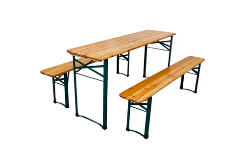 PROREGAL® Bierzeltgarnitur 3-teilig klappbar - Bierzeltgarnitur für 6 Personen mit klappbarem Tisch und 2 Bierbänken, inklusive Sonnenschirmhalterung für perfekten Schatten im Garten oder Biergarten.