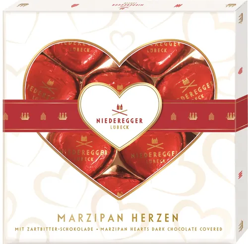 Niederegger Marzipan Herzen Zartbitter 125 g - Feine Marzipan-Pralinen in Herzform aus dunkler Schokolade, ideal als Geschenk zum Valentinstag oder für besondere Anlässe.