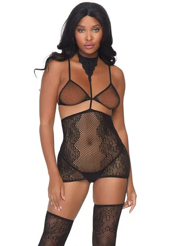 Leg Avenue Set: Bügelloser BH Dessous-Set: Netz-BH, Strumpfhalter-Rock und Straps-Strümpfe schwarz (3-tlg) elastischer Netz-Stoff