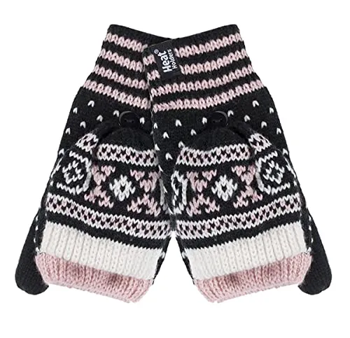 HEAT HOLDERS - Damen Thermo Fleece Norwegermuster Fingerlose Fäustlinge mit Daumen (One Size, Black (Stockholm))