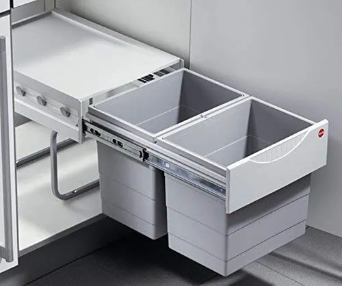 Hailo Abfallsammler 364112 | Raumspar-Tandem 2 x 18 Liter | Einbau Abfallsammler ab 40 cm Schrankbreite | Hellgrau
