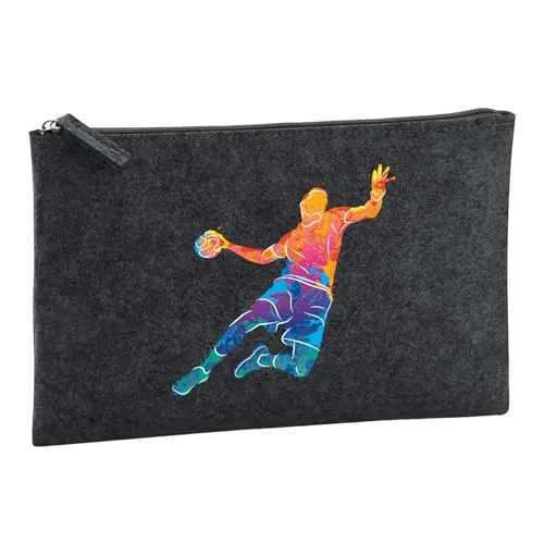 Huuraa Kulturbeutel Handball Bunte Silhouette Geschenk | Reise Kulturtasche 1 Liter Schminktasche Charcoal Filz Dunkelgrauer Kosmetiktasche Geschenkidee Kosmetikbeutel