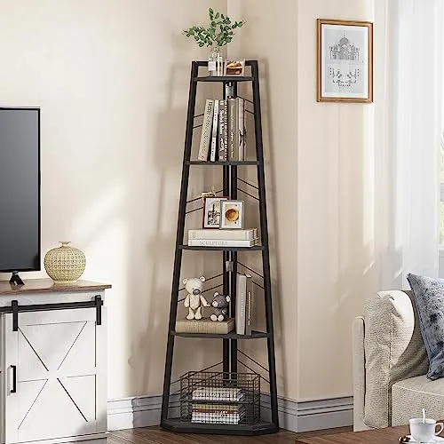 YITAHOME 5-Stöckiges Eck-Bücherregal - Industrielles, Modernes Freistehendes Leiter-Regal - Offenes Holzregal für Wohnzimmer, Diele, Home Office, Schwarz