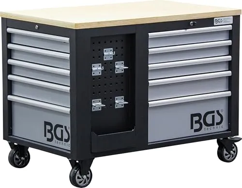 BGS Werkstattwagen 2 x 5 Schubladen - Werkstattwagen unbestückt mit stabiler Stahlblechkonstruktion, 10 kugelgelagerten Schubladen, 200 kg belastbarer Holz-Arbeitsplatte und abschließbarem Werkzeugschrank für optimale Organisation.