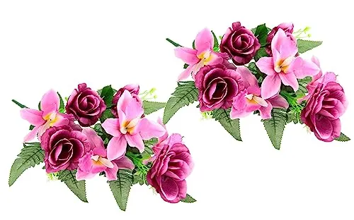 Kunstblumenstrauß mit künstlichen Rosen Lilien Aufleger Gesteck Rose Kunstblume Arrangement Bouquet Strauß Grabdekoration Grableger Grabschmuck Friedhofsgesteck, Grabblume Orchideen/Rosen