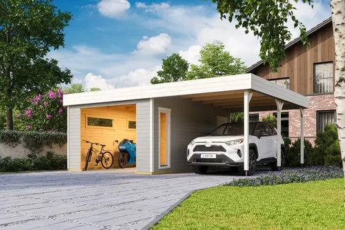 Garage Pultdach 44 mm Bahamas ohne Tor - grau 680x560 cm - Gartenhäuser & Carports, robuste 44 mm Wandstärke und abschließbar, ideal für sichere Aufbewahrung und vielseitige Nutzung im Garten.