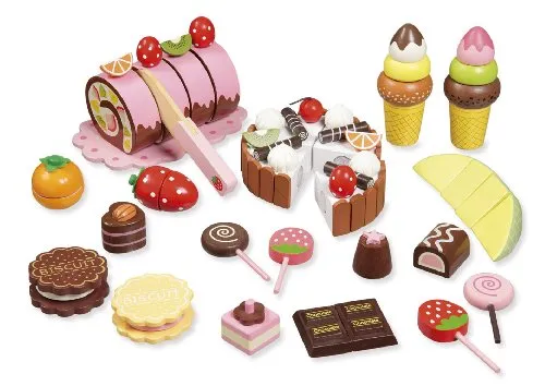 howa Kaufladenzubehör Süßes aus Holz 4854 - 20-teiliges Holzspielzeug für Kaufläden, inklusive schneidbarem Obst und magnetischen Eissorten. Fördert spielerisch soziale Fähigkeiten und Kreativität.