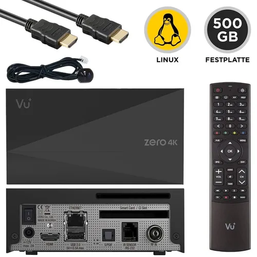 VU+ Zero 4K Linux Receiver mit PVR-Kit 500 GB - TV-Receiver für UHD 2160p mit schnellem ARM Dual Core-Prozessor, ideal für alle frei empfangbaren UHD und HD Sender. Inklusive PVR-Kit für Aufnahmen.