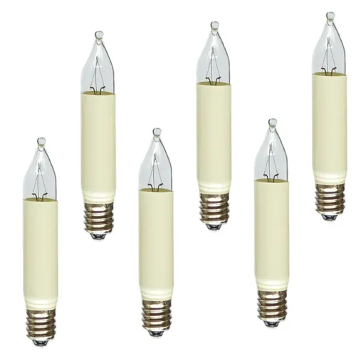 Erzgebirgslicht - AUSWAHL - 6 Stück Kleinschaftkerze 8V 3W E10 für 30 Brennstellen Ersatzbirne Glühbirne Minischaftkerze Glühlämpchen für Lichterketten Pyramide und Schwibbogen (keine LED!)