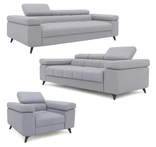 Luxus Sofaset aus Samt – 3-2-1 Garnitur mit Bettfunktion in Silbergrau - Elegantes Sofaset aus feinem Samt, bestehend aus 3-Sitzer mit Bettfunktion, 2-Sitzer und Sessel. Verstellbare Rücken- und Kopfteile bieten individuellen Komfort für entspannte Momente im Wohnzimmer.