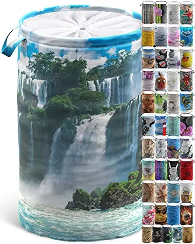 Sanilo Wäschekorb faltbar, stabiler runder Wäschesammler 60 Liter, Wäschesack mit Griffen und Abdeckung (Wasserfall)