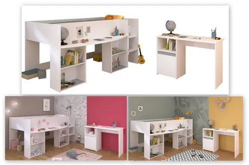 Jugendzimmer-Set PARISOT - Hochbett & Schreibtisch, weiß - Jugendzimmer-Set für kreativen Raum: Hochbett mit Stauraum und Schreibtisch, pflegeleichte Spanplatte, ideal für kleine Zimmer.