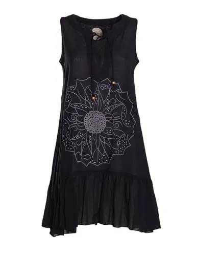 Vishes Alternative Bekleidung - Damen mittellanges Kleid Baumwolle Blumen-Muster Hängerkleid mit Schnürung und Holzperlen schwarz 46