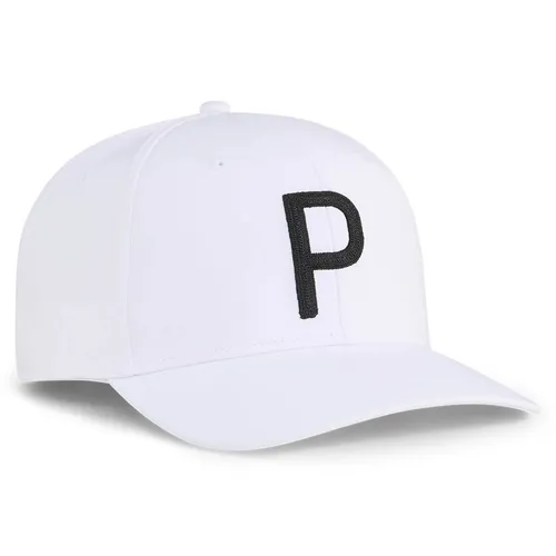 Puma Golf Herren Heritage P Tech Cap - Weiß leuchtend/Puma Schwarz - Einheitsgröße - Sportliche Baseballkappe für Herren in stylischem Design, ideal für den Golfplatz. Aus strapazierfähiger Polyestermischung gefertigt, bietet sie Komfort und Langlebigkeit.