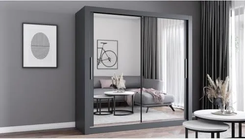 Fabryka Mebli Idźczak Kleiderschrank mit Spiegel - Moderner Schwebetürenschrank mit großen Spiegelflächen, ideal für optimale Organisation im Schlafzimmer oder Ankleidezimmer. Leichtgängiges Schiebetürsystem spart Platz und sorgt für eine ruhige Nutzung.