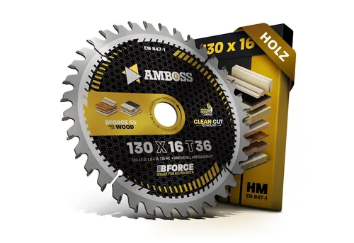 Amboss Kreissägeblatt HM 130 x 2.2/1.6 x 16 Z36 WZ - Kreissägeblätter für präzise Holzschnitte mit innovativer Clean Cut Technology für extra scharfe und saubere Ergebnisse. Ideal für Hand- und Tischkreissägen, perfekt für Handwerker, die Wert auf Qualität legen.