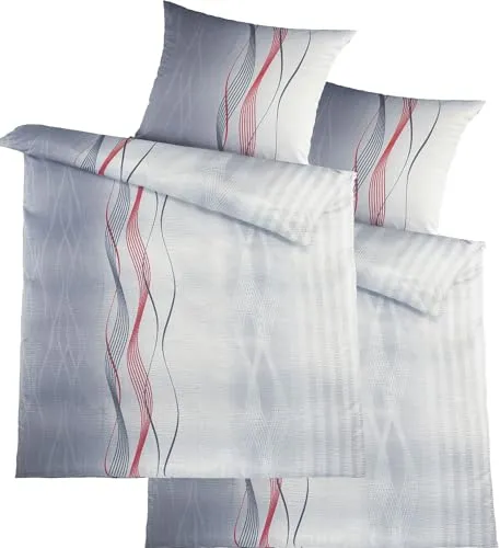 KH-Haushaltshandel 4-TLG. Seersucker Bettwäsche 2X 135x200 +80x80cm, grautöne rot, Wellen, bügelfrei (W415451)