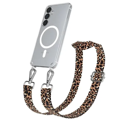 EAZY CASE Handykette - Verstellbares Taschenband kompatibel mit Galaxy S25, Schulterriemen, Handykordel mit Silikon Hülle, Qi Charging kompatibel, Umhängetasche, Leo - Schwarz Braun Metall Silber