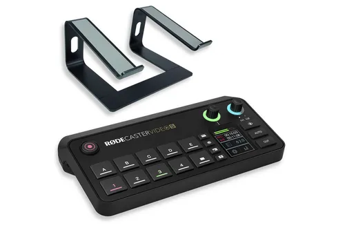 RØDE Rodecaster Video S Produktions-Konsole mit Laptopständer BK - Professionelle All-in-One Video- und Audioproduktion für Content Creator. Mit intuitiver Szenensteuerung, flexibler HDMI-Anbindung und integriertem Mediaspeicher für kreative Projekte.