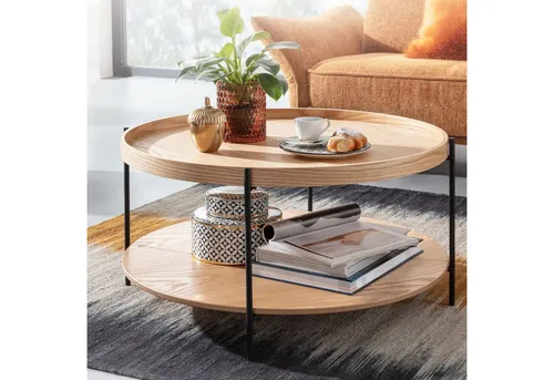 Couchtisch FineBuy Wohnzimmertisch - Rund mit Holz und Metall - Moderner Couchtisch mit runder Tischplatte aus Eichenfurnier und robustem Metallgestell. Ideal für stilvolle Wohnzimmergestaltung. Maße: 78x78x40 cm.