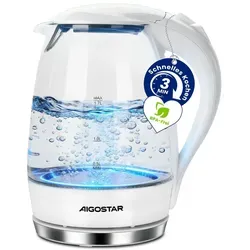 Aigostar Elektrischer Glas Wasserkocher mit LED-Beleuchtung, 2200 Watt, 1,7 Liter - Eleganter Wasserkocher aus BPA-freiem Borosilikatglas mit LED-Beleuchtung. Erhitzt 1,7 Liter Wasser in nur 3-4 Minuten – ideal für Tee und Kaffee. Automatische Abschaltung und Trockengehschutz für sichere Nutzung.